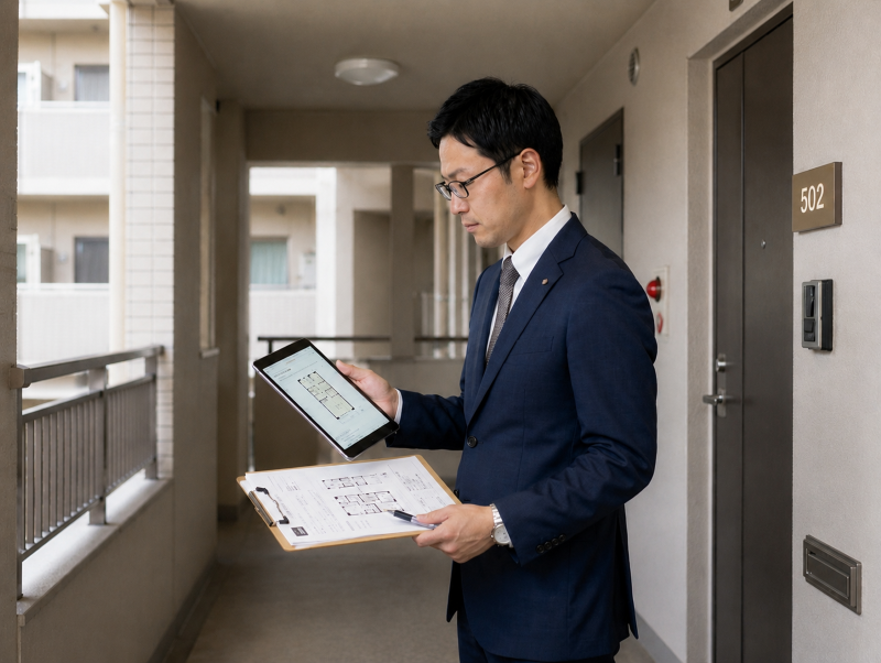 マンションの管理状態や資料を確認するスタッフ