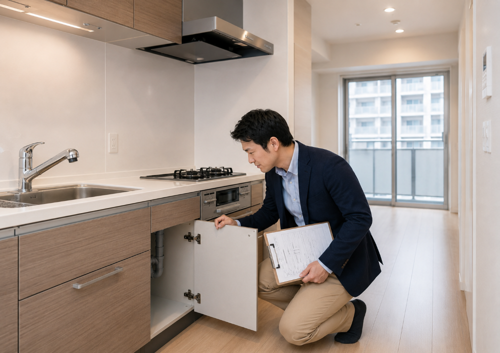 キッチンの設備を点検し管理状態を確認する不動産会社の社員