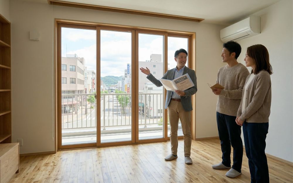 明るい空き室で男性スタッフから内見案内を受ける若いカップル